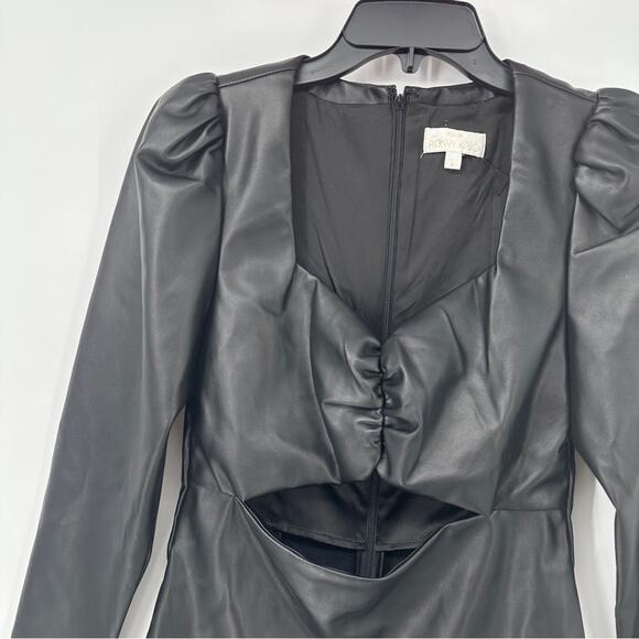 Torn by Ronny Kobo Puffed Sleeve Bodycon Vegan Leather Midriff Cutout Minidress - Picture 3 of 8